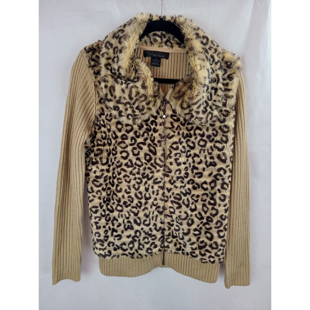 Venue Women's (M) Tan & Brown Leopard Faux Fur Sweater Full Zip Jacket Coatigan